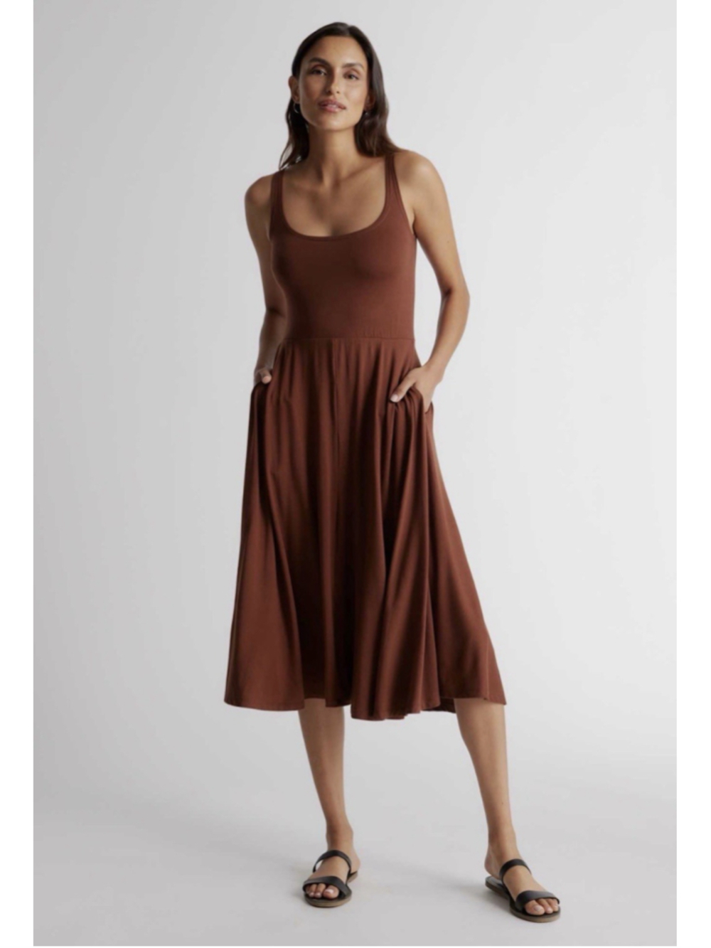Quince Tencel Jersey Fit & Flare Midi Dress MED Brown Stretch Boho Beach Summer